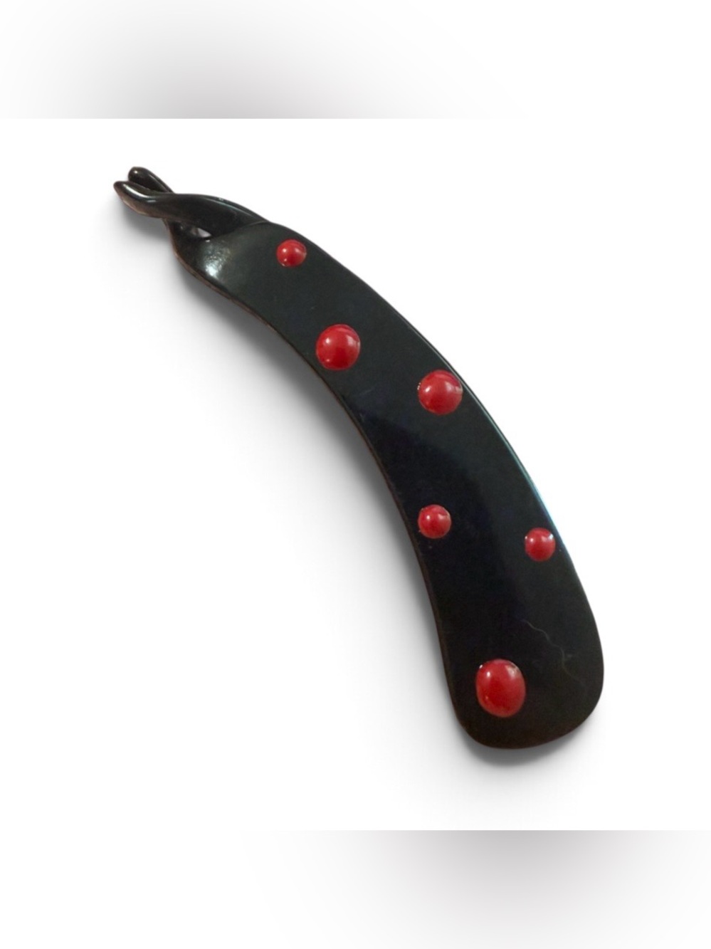 Vintage French Mini Banana Clip in Black with Red Polka Dots, 4”, Unworn